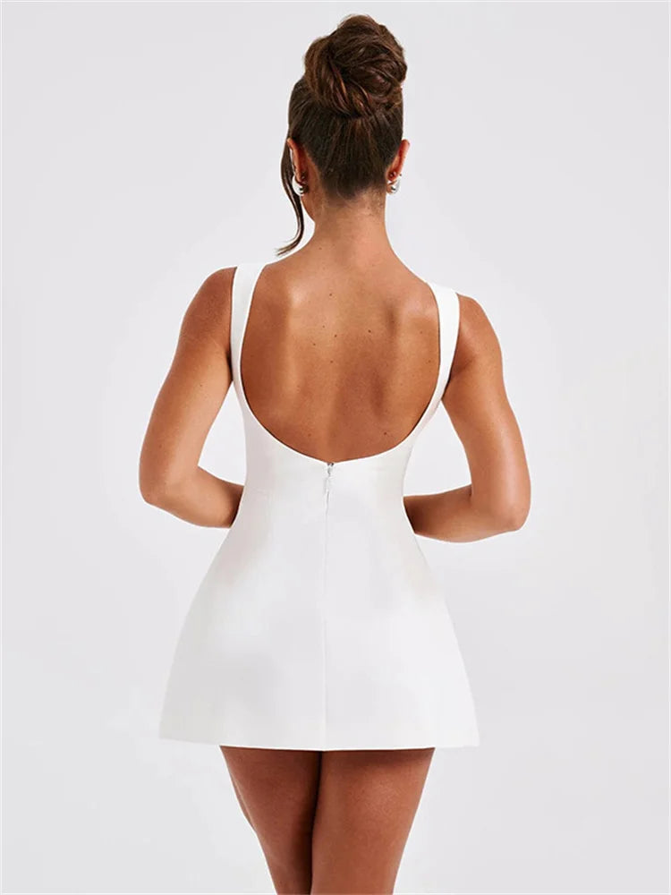White Backless Slim Mini Dress Female Patchwork Sexy Fashion Summer 2025 Elegant Party Looks Dress Women Solid Mini Dress