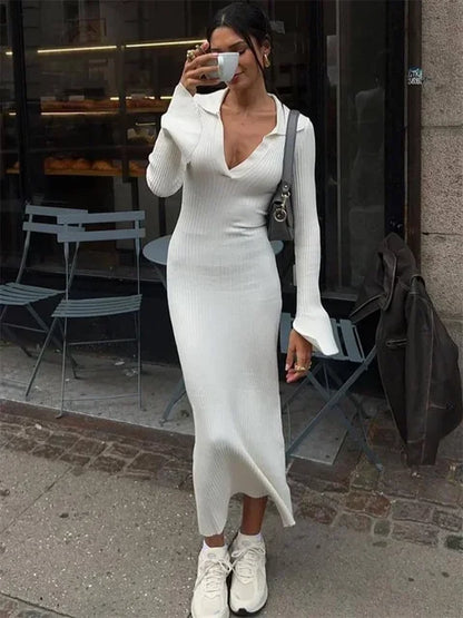 Vestido de punto blanco de cintura alta para mujer, moda de otoño 2025, elegante, ajustado, largo, informal, de punto, liso, para fiesta