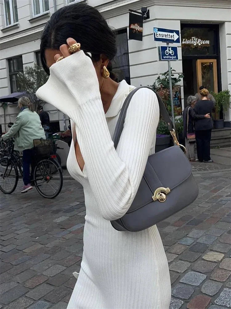 Vestido de punto blanco de cintura alta para mujer, moda de otoño 2025, elegante, ajustado, largo, informal, de punto, liso, para fiesta