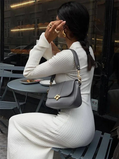 Vestido de punto blanco de cintura alta para mujer, moda de otoño 2025, elegante, ajustado, largo, informal, de punto, liso, para fiesta