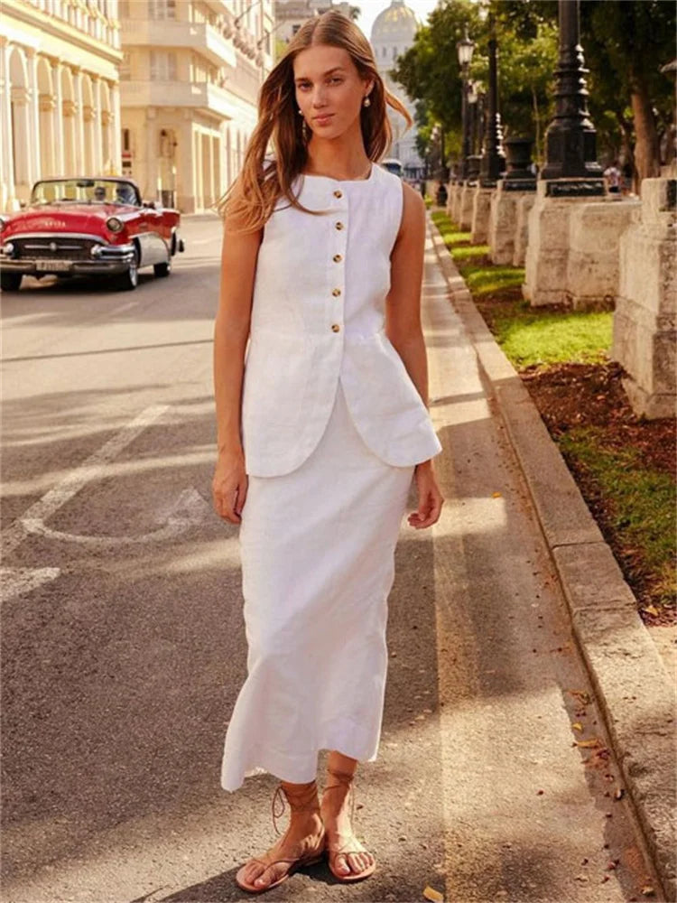 Conjunto de 2 piezas de falda larga blanca de cintura alta para mujer: top ajustado sin mangas y falda larga informal, conjuntos de patchwork para mujer