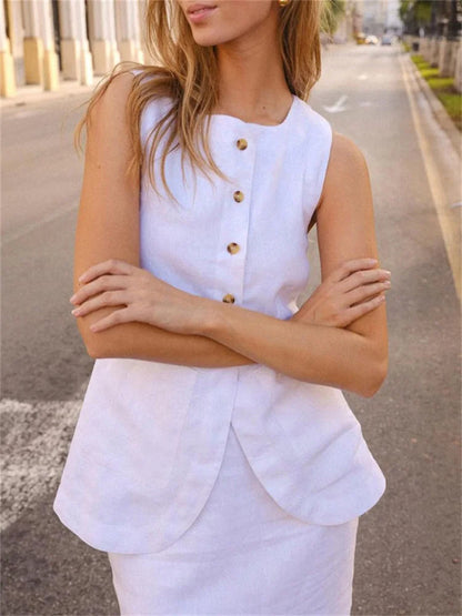 Conjunto de 2 piezas de falda larga blanca de cintura alta para mujer: top ajustado sin mangas y falda larga informal, conjuntos de patchwork para mujer