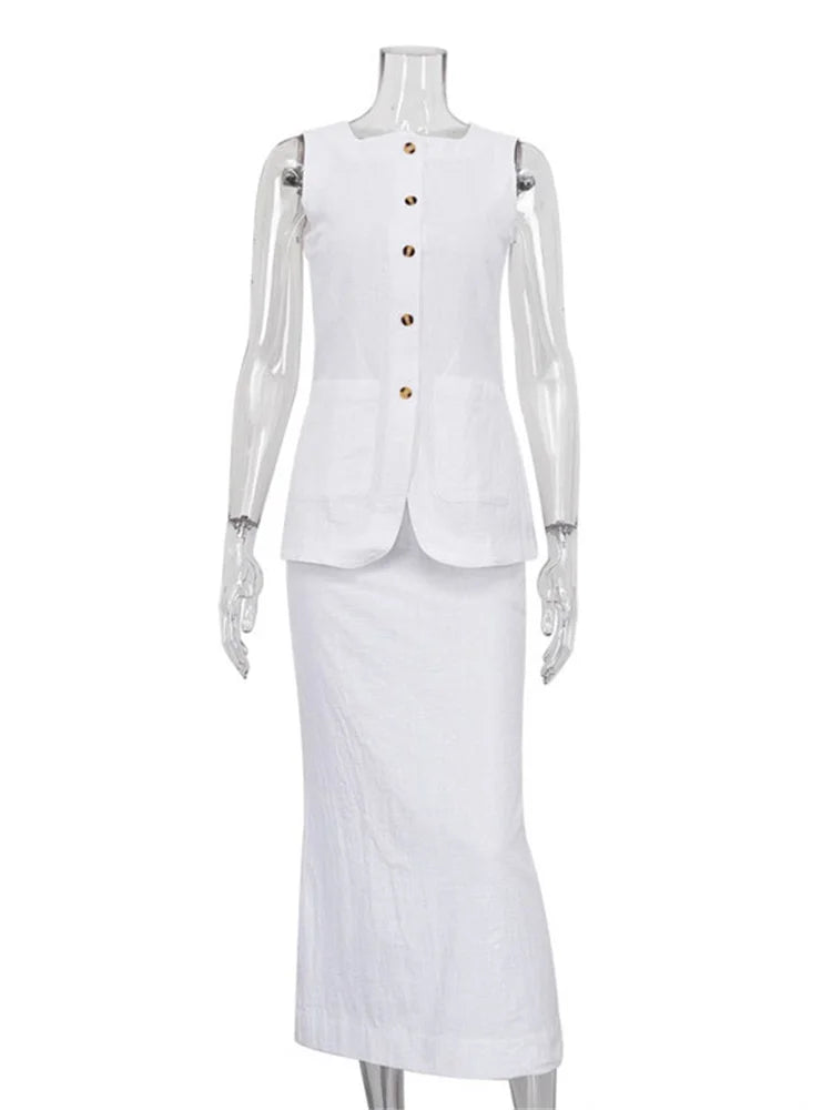 Conjunto de 2 piezas de falda larga blanca de cintura alta para mujer: top ajustado sin mangas y falda larga informal, conjuntos de patchwork para mujer