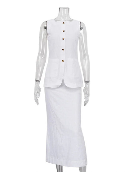 Conjunto de 2 piezas de falda larga blanca de cintura alta para mujer: top ajustado sin mangas y falda larga informal, conjuntos de patchwork para mujer