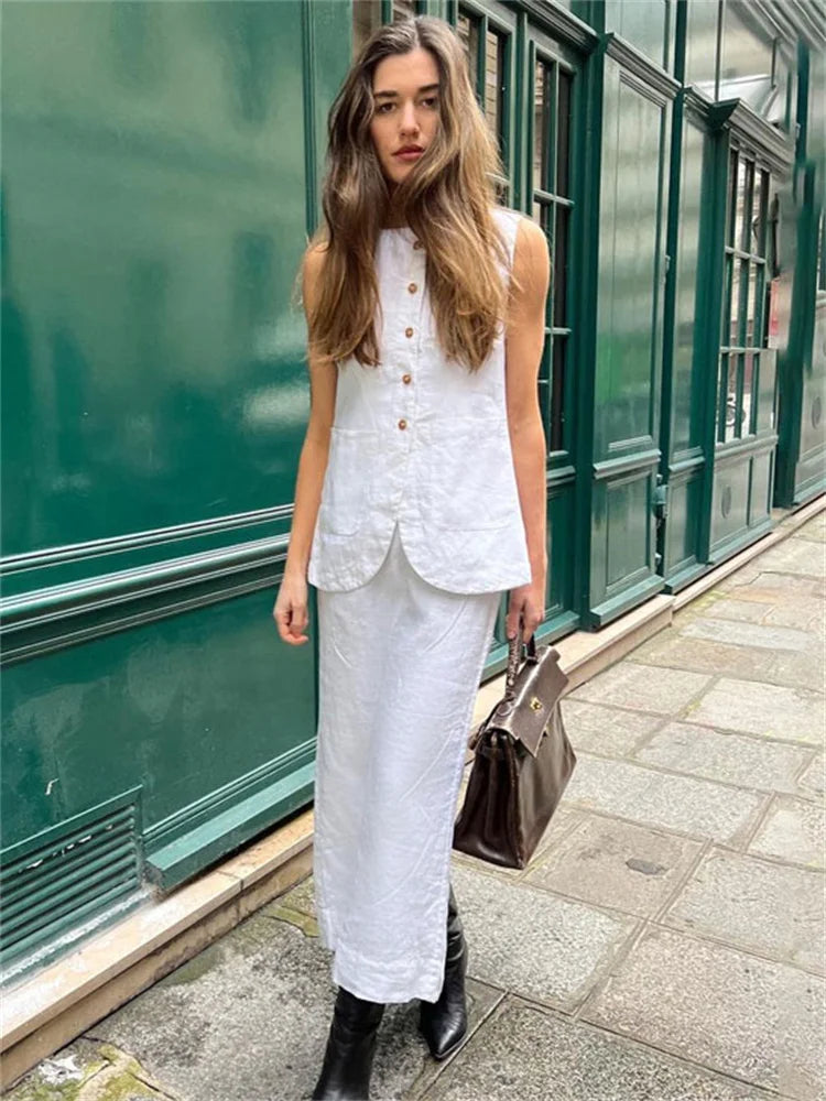 Conjunto de 2 piezas de falda larga blanca de cintura alta para mujer: top ajustado sin mangas y falda larga informal, conjuntos de patchwork para mujer