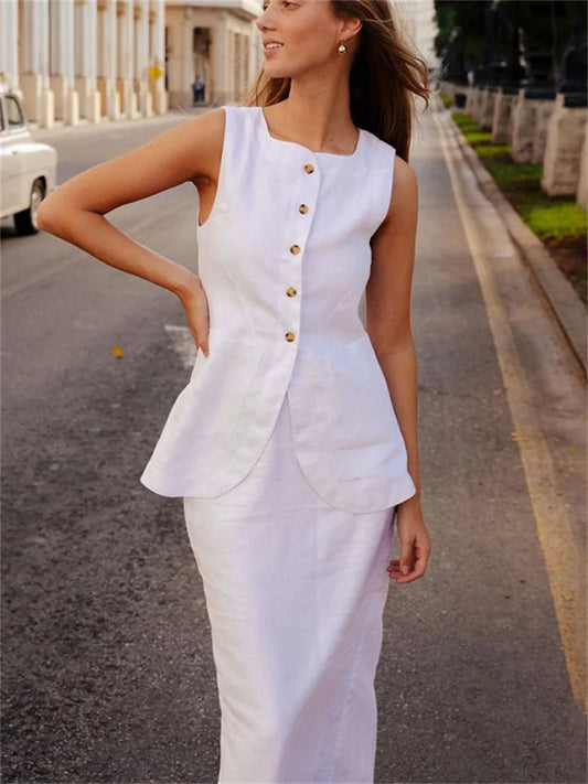 White High Waist Maxi Skirt 2 Piece-Set For Women Sleeveless Slim Top And Casual Long Skirt Sets Patchwork Female Outfits