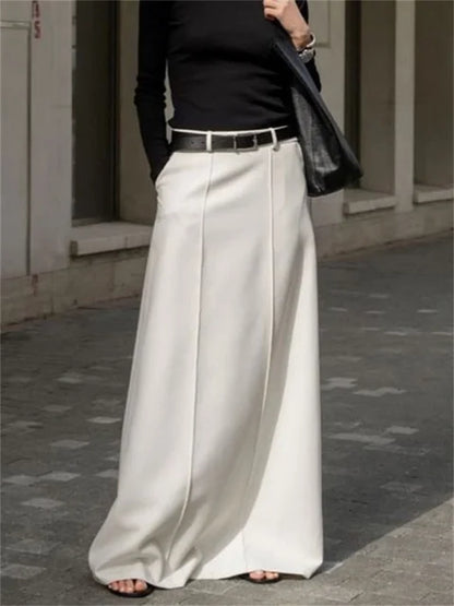 White High Waist Patchwork Long Skirt For Women Loose Casual Pocket Elegant Solid Fashion Summer 2025 Female Maxi Skirt