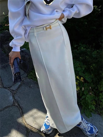White High Waist Patchwork Long Skirt For Women Loose Casual Pocket Elegant Solid Fashion Summer 2025 Female Maxi Skirt