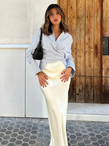 White High Waist Slim Maxi Skirt – Elegant Solid Patchwork Summer Long Skirt