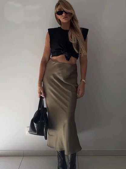 White High Waist Slim Maxi Skirt – Elegant Solid Patchwork Summer Long Skirt