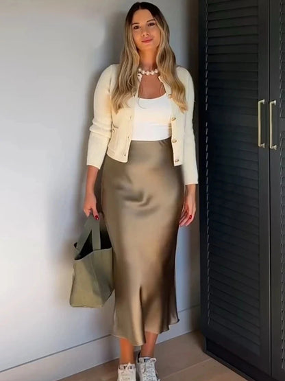 White High Waist Slim Maxi Skirt – Elegant Solid Patchwork Summer Long Skirt