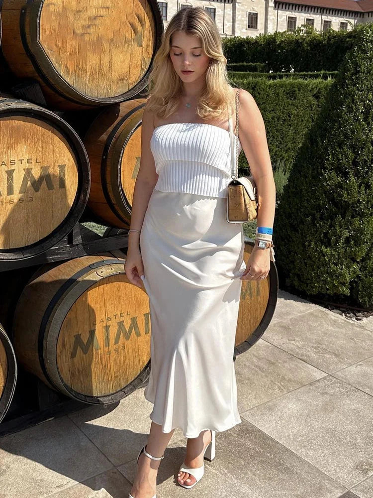 White High Waist Slim Maxi Skirt – Elegant Solid Patchwork Summer Long Skirt