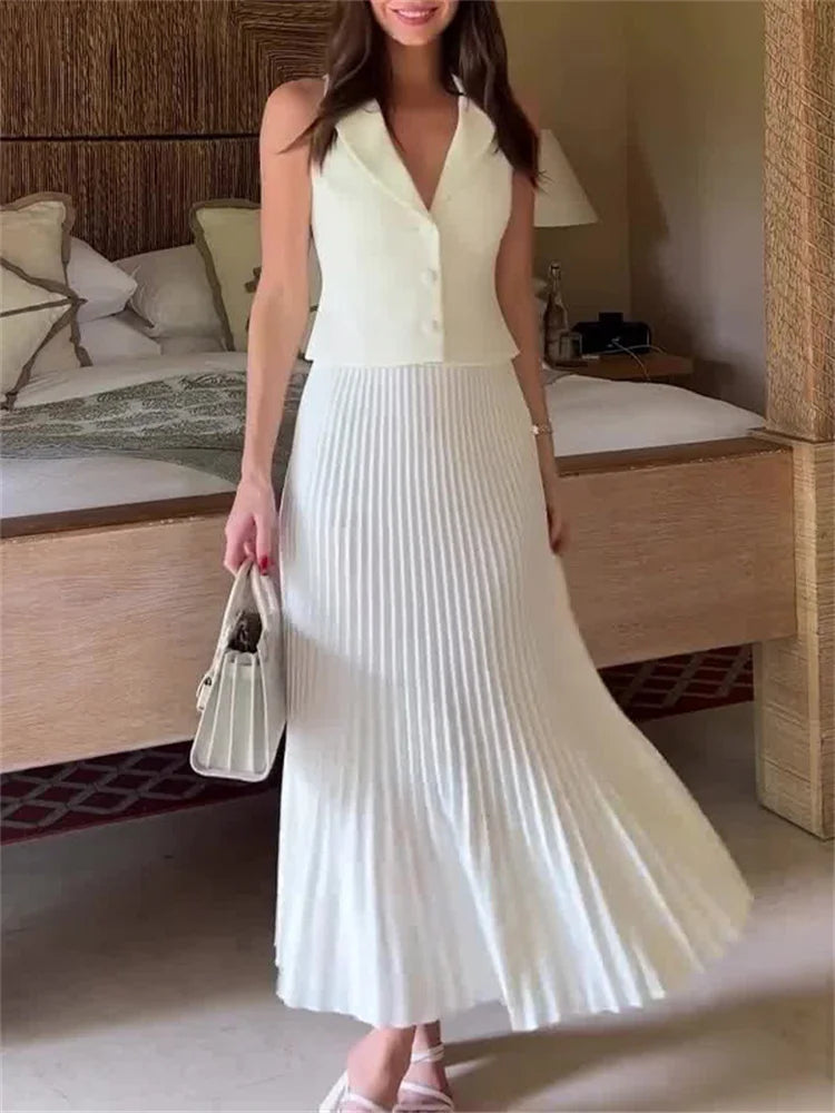 White Knit 2 Piece-Set Long Skirt For Women Vestidos Top And High Waist Maxi Skirt Sets Slim Elegant Ladies Outfits 2025