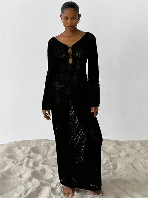 White Knit Fashion Cover up Maxi Dress – Female See-Through V-Neck Hollow Out Beach Holiday Dress
