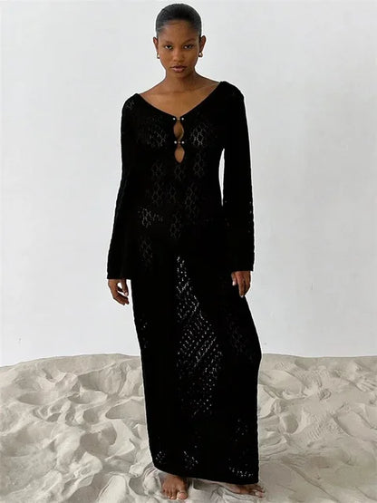 White Knit Fashion Cover up Maxi Dress – Female See-Through V-Neck Hollow Out Beach Holiday Dress