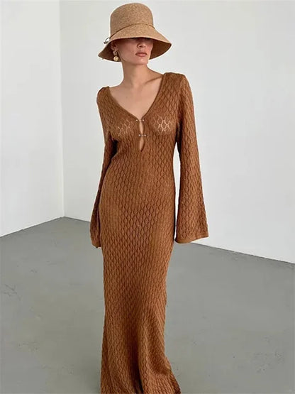 White Knit Fashion Cover up Maxi Dress – Female See-Through V-Neck Hollow Out Beach Holiday Dress