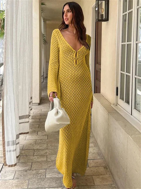 White Knit Fashion Cover up Maxi Dress – Female See-Through V-Neck Hollow Out Beach Holiday Dress