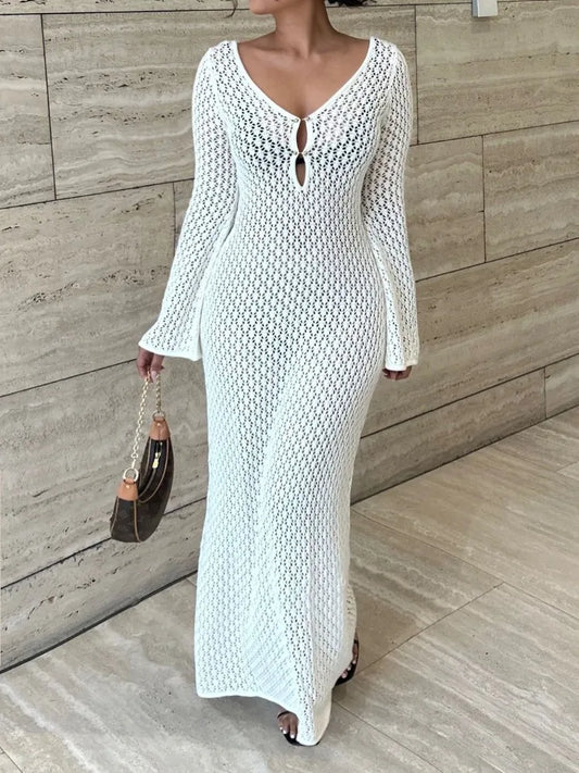 White Knit Fashion Cover up Maxi Dress – Female See-Through V-Neck Hollow Out Beach Holiday Dress