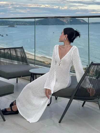 White Knit Fashion Cover up Maxi Dress – Female See-Through V-Neck Hollow Out Beach Holiday Dress