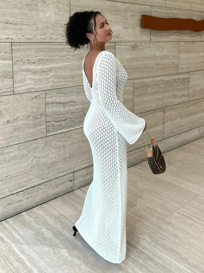 White Knit Fashion Cover up Maxi Dress – Female See-Through V-Neck Hollow Out Beach Holiday Dress