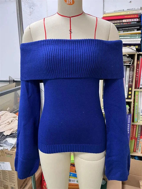Suéter de punto blanco para mujer, jersey ajustado con hombros descubiertos, moda, manga larga, cintura alta, sin espalda, suelto, ropa de calle, nuevo