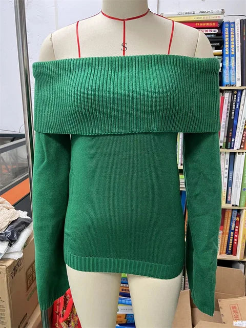 Suéter de punto blanco para mujer, jersey ajustado con hombros descubiertos, moda, manga larga, cintura alta, sin espalda, suelto, ropa de calle, nuevo
