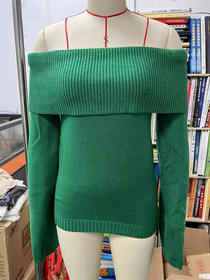 Suéter de punto blanco para mujer, jersey ajustado con hombros descubiertos, moda, manga larga, cintura alta, sin espalda, suelto, ropa de calle, nuevo