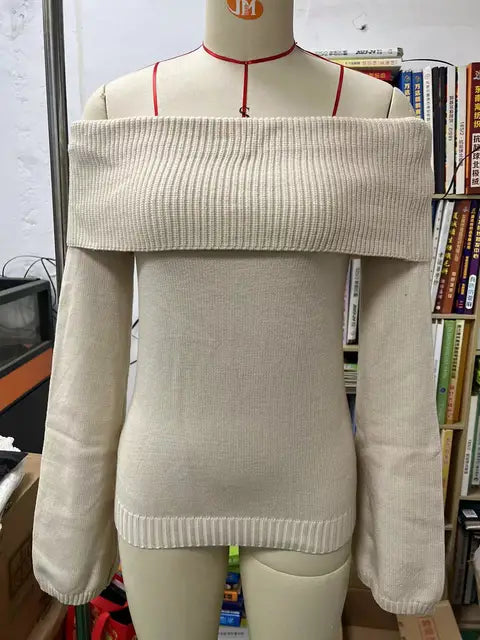 Suéter de punto blanco para mujer, jersey ajustado con hombros descubiertos, moda, manga larga, cintura alta, sin espalda, suelto, ropa de calle, nuevo