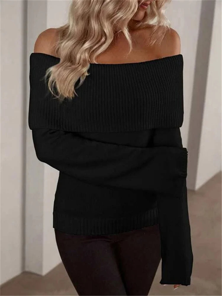 Suéter de punto blanco para mujer, jersey ajustado con hombros descubiertos, moda, manga larga, cintura alta, sin espalda, suelto, ropa de calle, nuevo