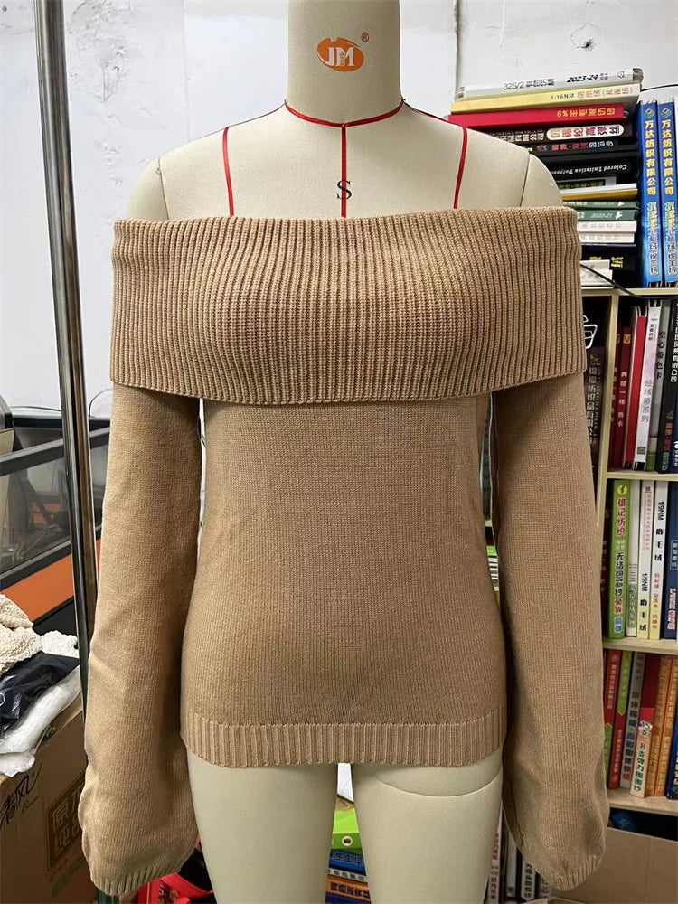 Suéter de punto blanco para mujer, jersey ajustado con hombros descubiertos, moda, manga larga, cintura alta, sin espalda, suelto, ropa de calle, nuevo