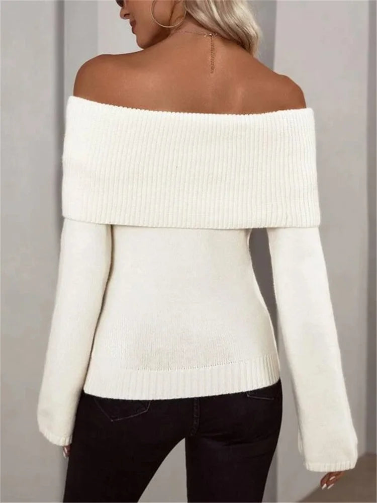 Suéter de punto blanco para mujer, jersey ajustado con hombros descubiertos, moda, manga larga, cintura alta, sin espalda, suelto, ropa de calle, nuevo