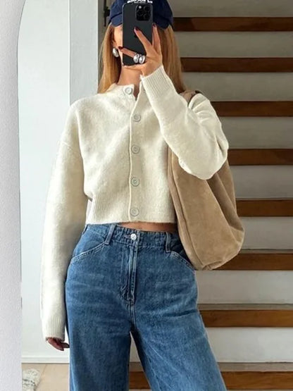 Suéter tipo cárdigan de punto blanco con retazos para mujer, moda holgada, informal, de cintura alta, ropa de calle, abrigo para mujer