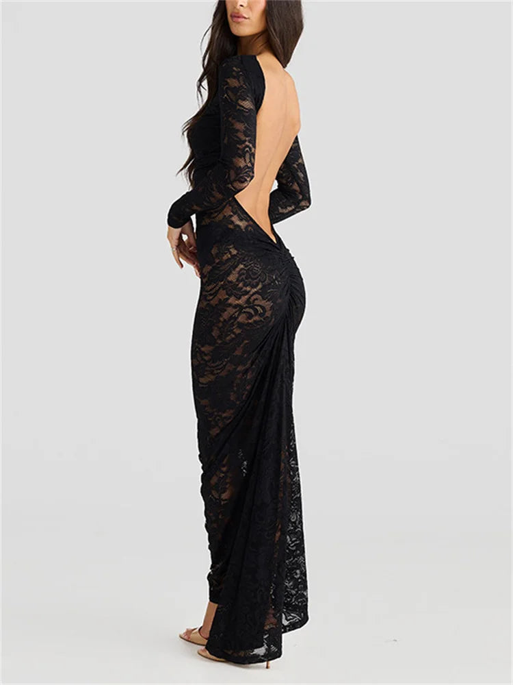 White Lace Backless Long Dress For Women See-Through High Waist Printed Slim Solid Hollow Out Dress Women’s Party Dress