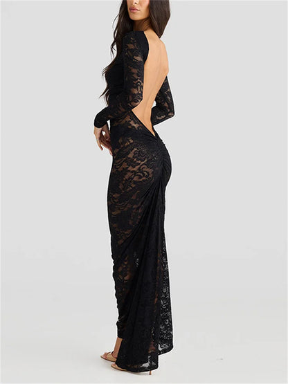White Lace Backless Long Dress For Women See-Through High Waist Printed Slim Solid Hollow Out Dress Women’s Party Dress