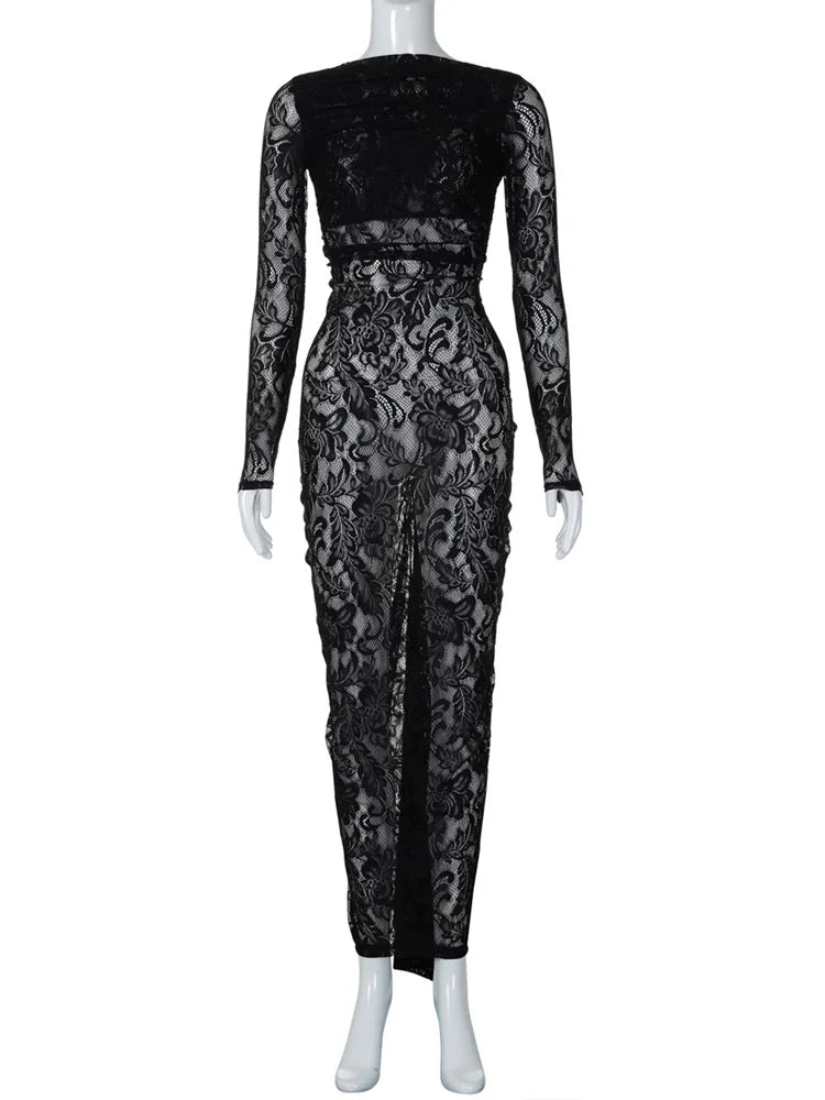 White Lace Backless Long Dress For Women See-Through High Waist Printed Slim Solid Hollow Out Dress Women’s Party Dress