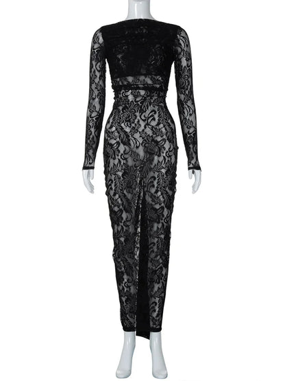 White Lace Backless Long Dress For Women See-Through High Waist Printed Slim Solid Hollow Out Dress Women’s Party Dress