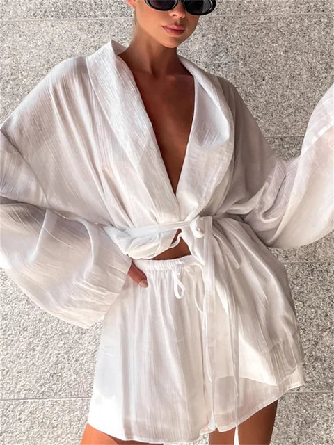White Lace-Up 2 Piece-Set Shorts For Women Casual Loose Bandage Cardigan Coat And High Waist Shorts Sets Female Outfits