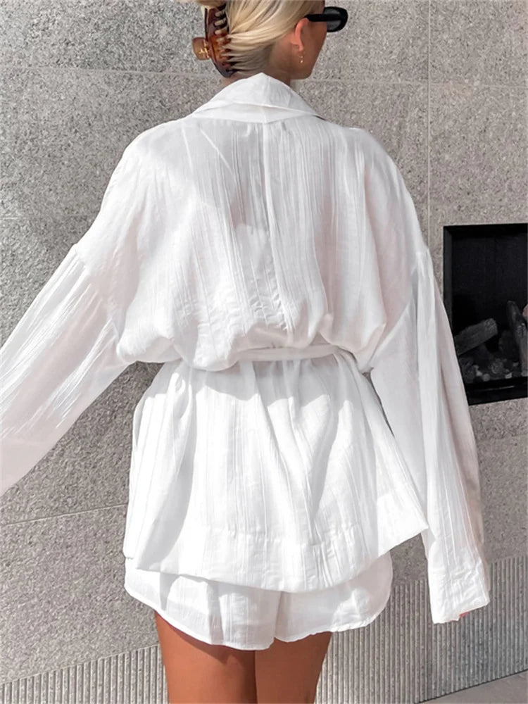 White Lace-Up 2 Piece-Set Shorts For Women Casual Loose Bandage Cardigan Coat And High Waist Shorts Sets Female Outfits