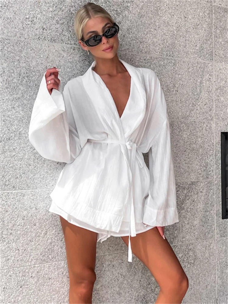 White Lace-Up 2 Piece-Set Shorts For Women Casual Loose Bandage Cardigan Coat And High Waist Shorts Sets Female Outfits