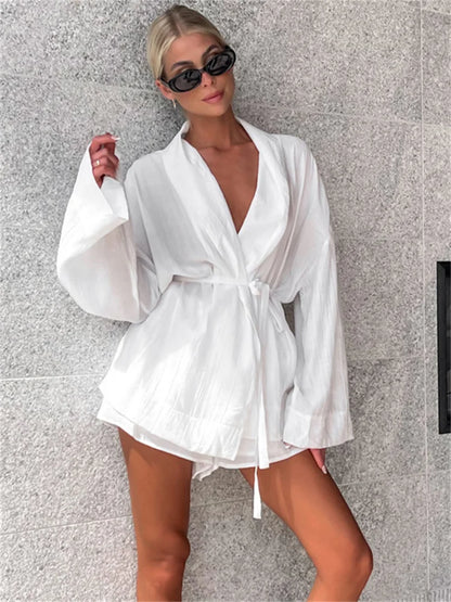 White Lace-Up 2 Piece-Set Shorts For Women Casual Loose Bandage Cardigan Coat And High Waist Shorts Sets Female Outfits