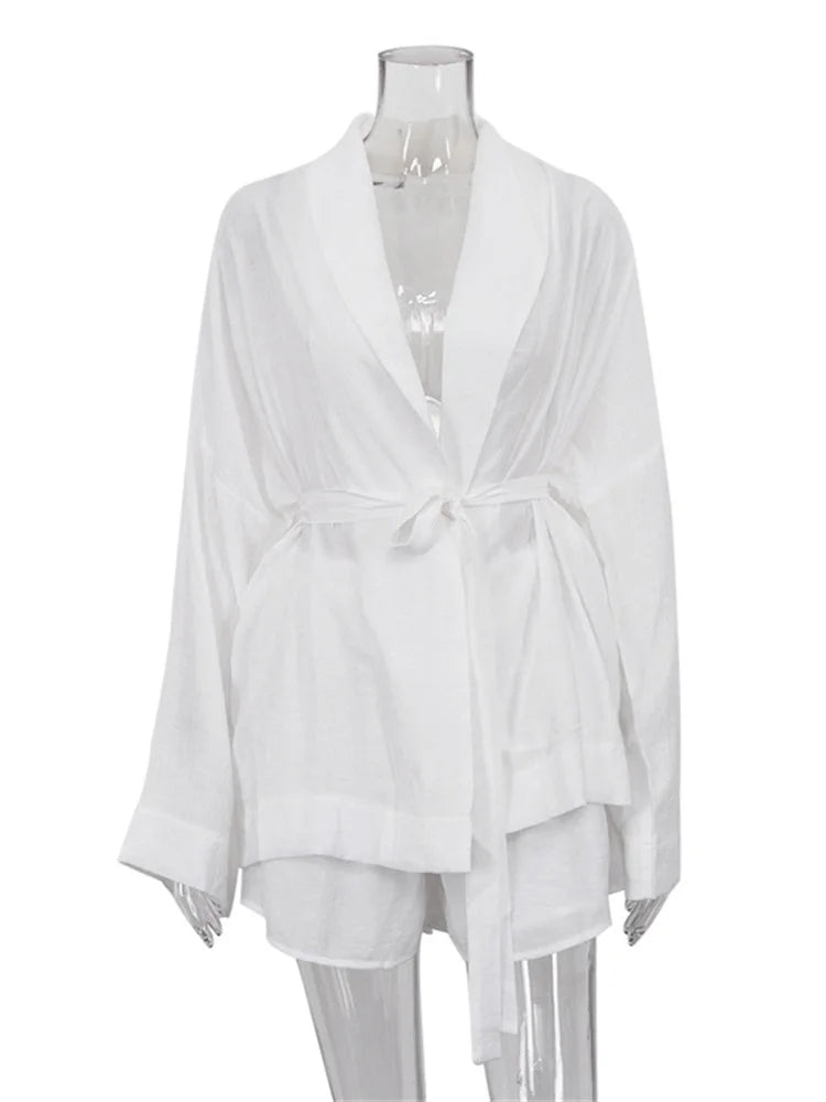 White Lace-Up 2 Piece-Set Shorts For Women Casual Loose Bandage Cardigan Coat And High Waist Shorts Sets Female Outfits