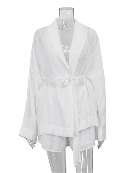 White Lace-Up 2 Piece-Set Shorts For Women Casual Loose Bandage Cardigan Coat And High Waist Shorts Sets Female Outfits