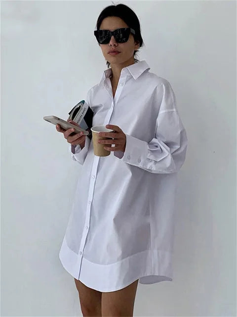 White Loose Fashion Shirts For Women See-Through Patchwork Cardigan Coat Lapel Slim Long Sleeve Oversized Blouse Shirt