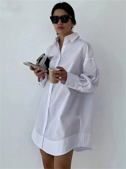 White Loose Fashion Shirts For Women See-Through Patchwork Cardigan Coat Lapel Slim Long Sleeve Oversized Blouse Shirt