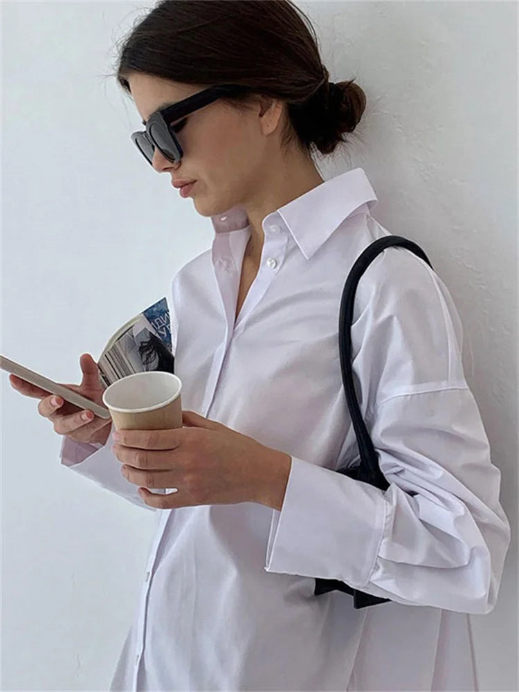 White Loose Fashion Shirts For Women See-Through Patchwork Cardigan Coat Lapel Slim Long Sleeve Oversized Blouse Shirt