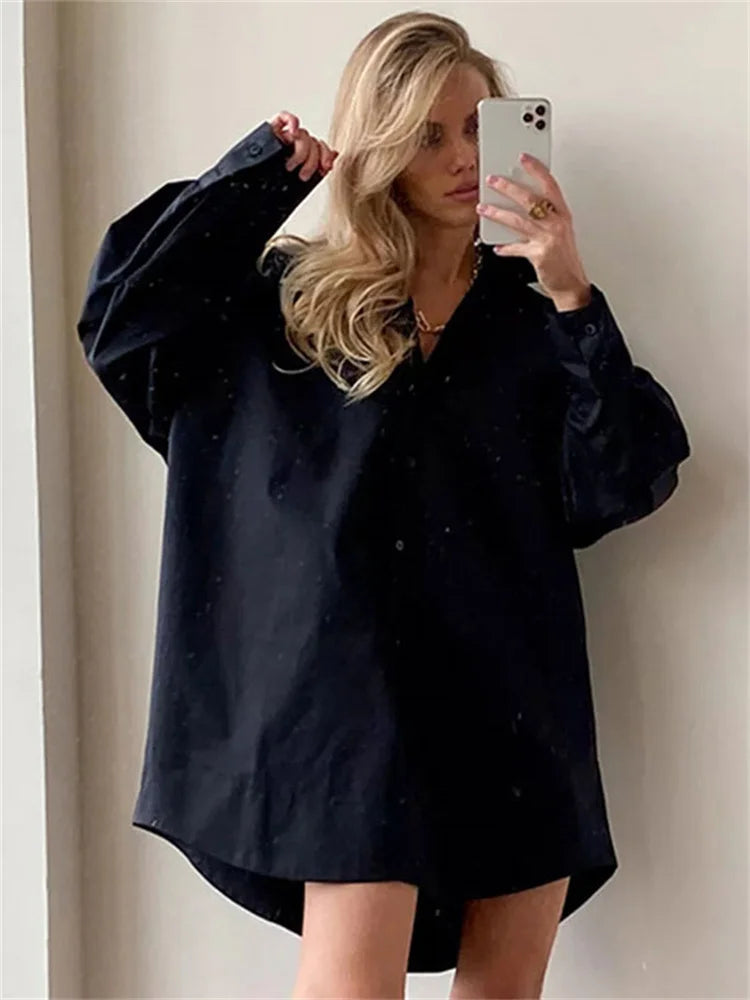 White Loose Fashion Shirts For Women See-Through Patchwork Cardigan Coat Lapel Slim Long Sleeve Oversized Blouse Shirt