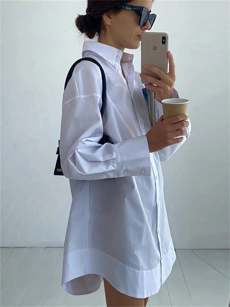 White Loose Fashion Shirts For Women See-Through Patchwork Cardigan Coat Lapel Slim Long Sleeve Oversized Blouse Shirt