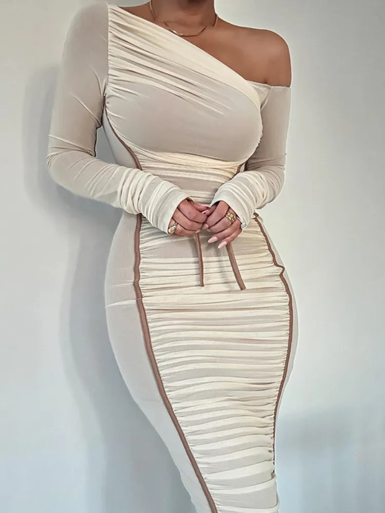 White Mesh Off-Shoulder Maxi Dress Female Long Sleeve Patchwork Fashion Contrast Summer Backless Ladies Party Long Dress