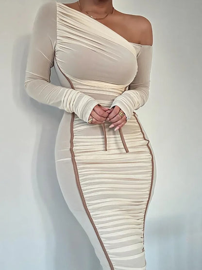White Mesh Off-Shoulder Maxi Dress Female Long Sleeve Patchwork Fashion Contrast Summer Backless Ladies Party Long Dress