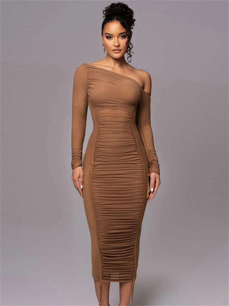 White Mesh Off-Shoulder Maxi Dress Female Long Sleeve Patchwork Fashion Contrast Summer Backless Ladies Party Long Dress